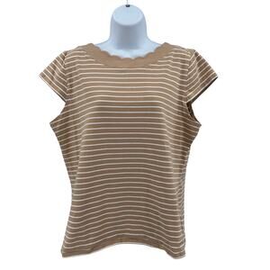 Anne Klein Scallop Neck Short Sleeve Top Women's XL Tan White Striped Cap Sleeve